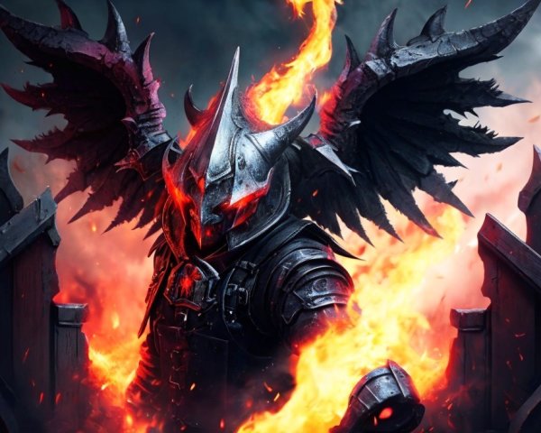 Armored Figure Surrounded by Flames and Smoke