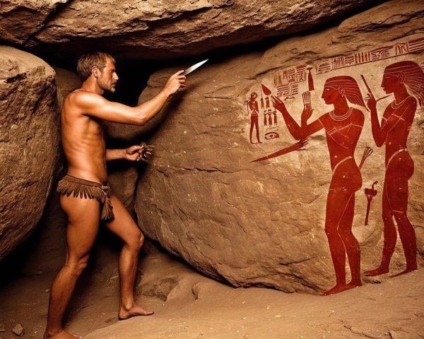 Nude Man Inscribing Ancient Rock Art in Cave