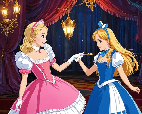 Princesses in Enchanted Ballroom Sharing a Moment
