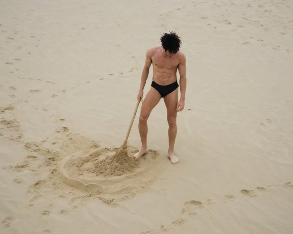 Young man digging in sand on sunny beach