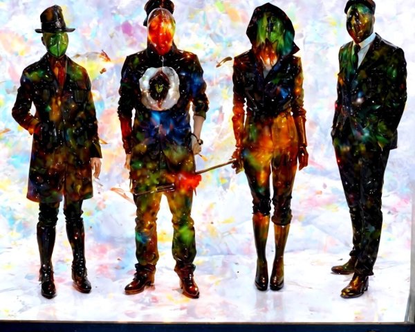Four Figures in Stylish Formal Attire with Abstract Background