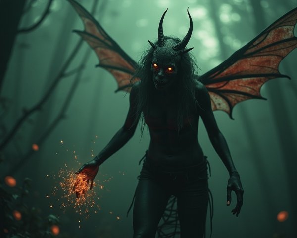 Dark Mystical Figure in Eerie Forest with Glowing Eyes
