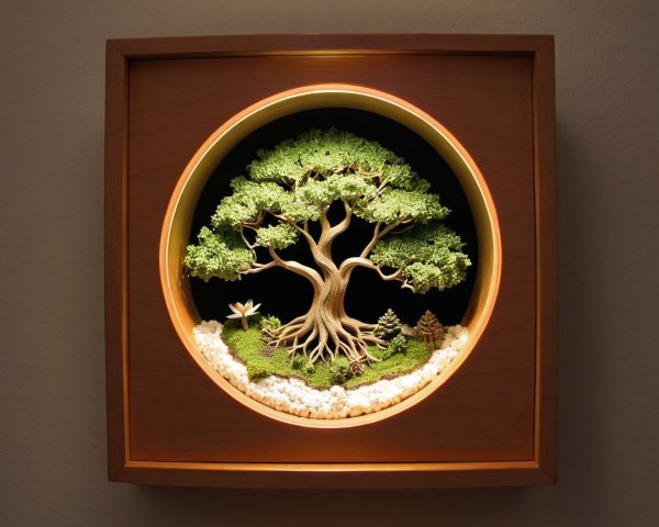 Intricate Tree Artwork in Circular Wooden Frame