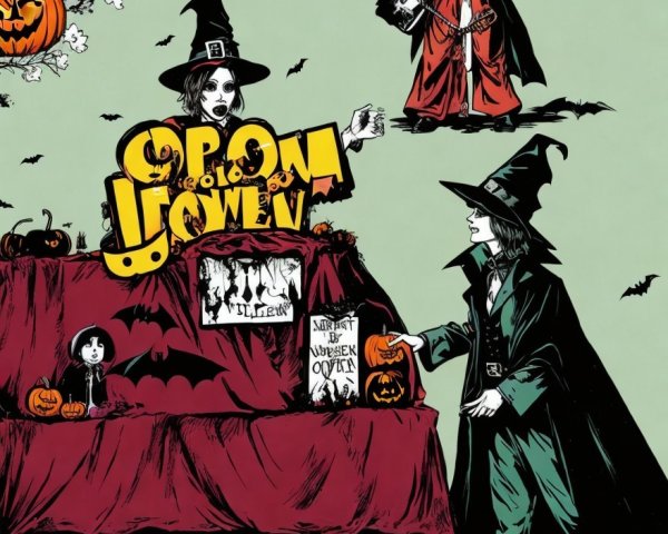 Whimsical Halloween Scene with Witches and Decorations