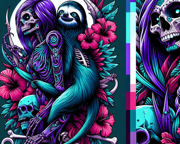 Surreal Illustration of Skeleton Woman and Sloth
