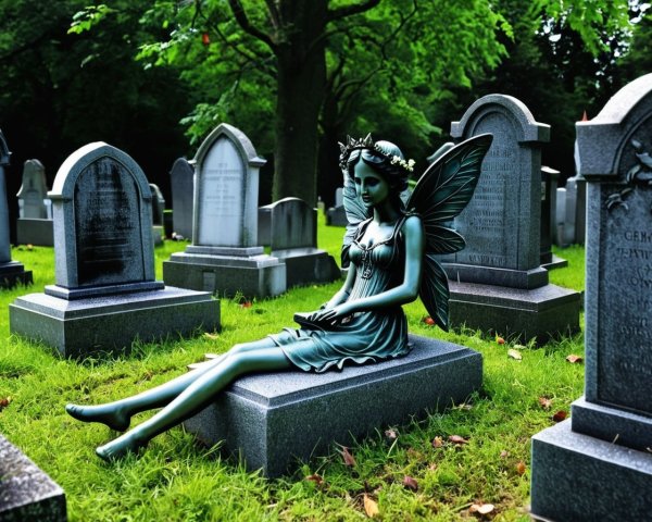 Fairy Statue on Tombstone in Serene Graveyard Scene