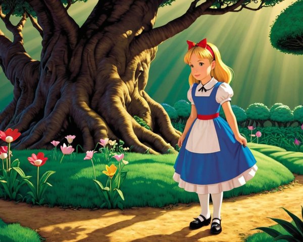 Young girl in enchanted landscape with vibrant colors