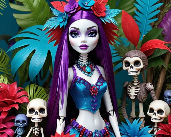 Stylized doll with purple hair and tropical setting