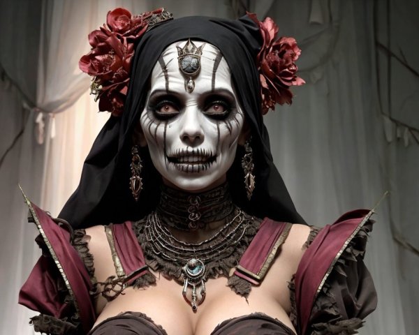 Gothic Aesthetic with Skull Makeup and Dark Veil