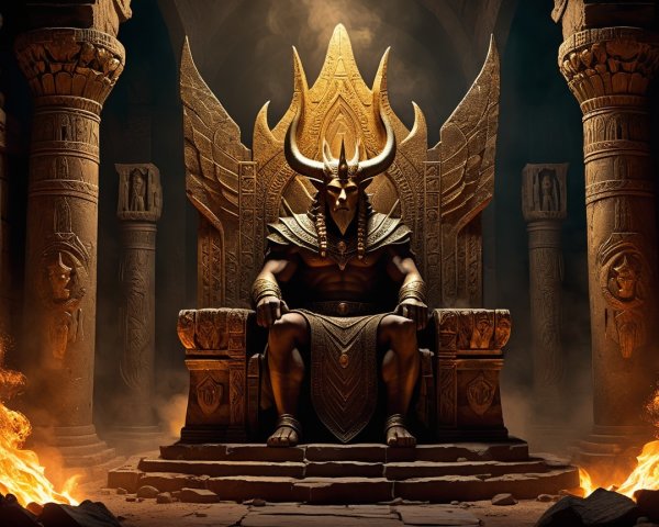 Majestic figure on ornate throne with ancient pillars