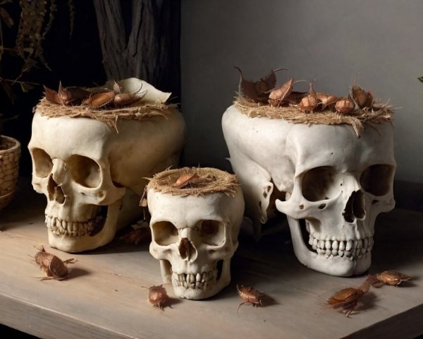 Skulls with Straw Nests and Cockroaches on Wood