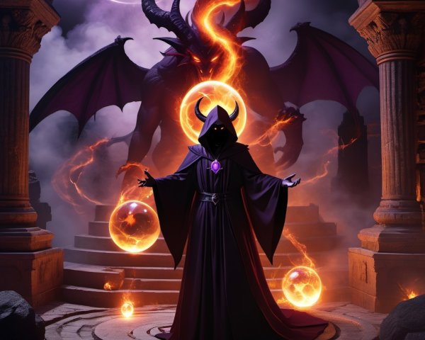 Dark Sorcerer and Dragon in Mystical Chamber Scene