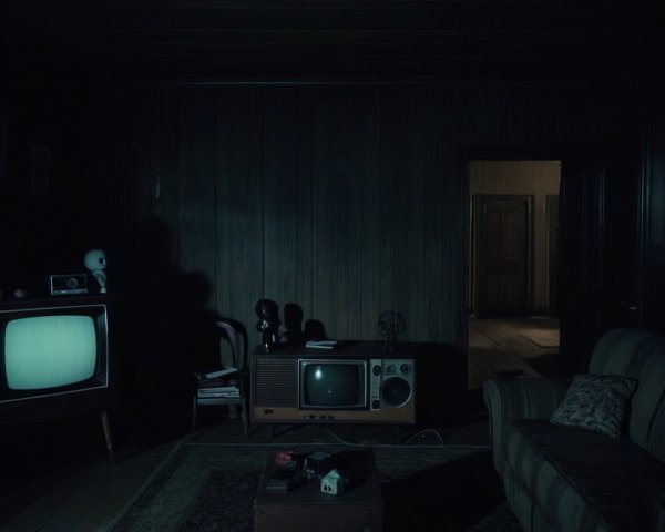 Vintage sofa and eerie dolls in a dimly lit room