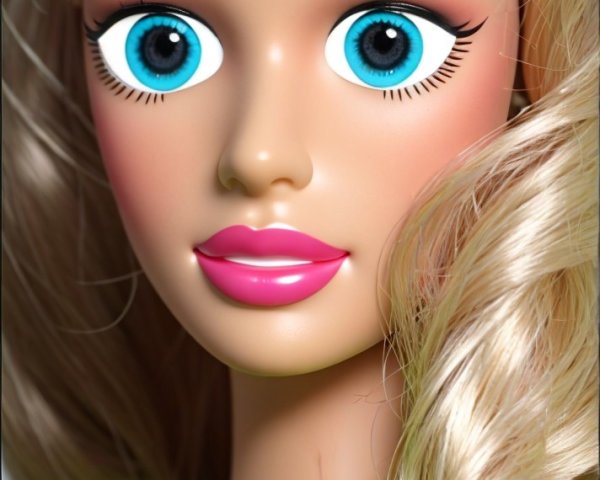 Close-up of a fashion doll with blue eyes and blonde hair