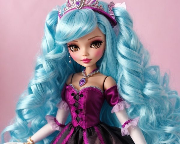 Fashion doll with turquoise hair and purple dress