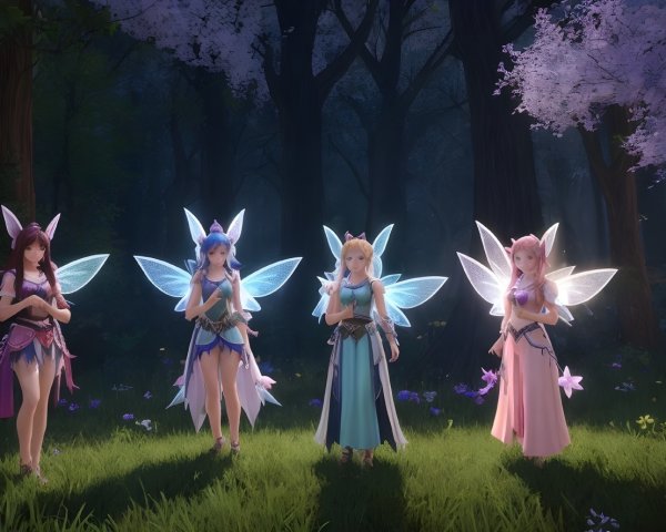 Fairies in a Sunlit Forest Surrounded by Flowers