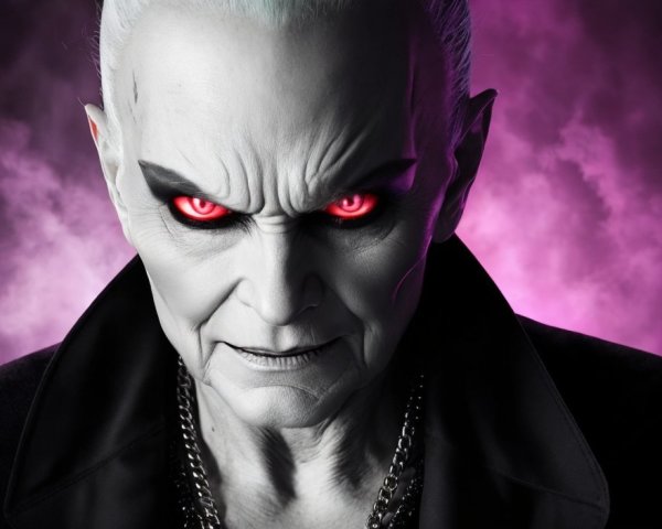 Menacing figure with red eyes and pale skin in dark setting