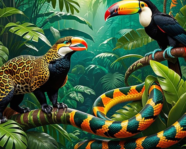 Vibrant Jungle Scene with Toucan, Jaguar, and Snake