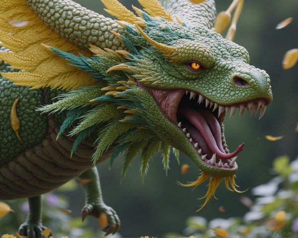 Majestic green dragon with yellow eyes and foliage mane