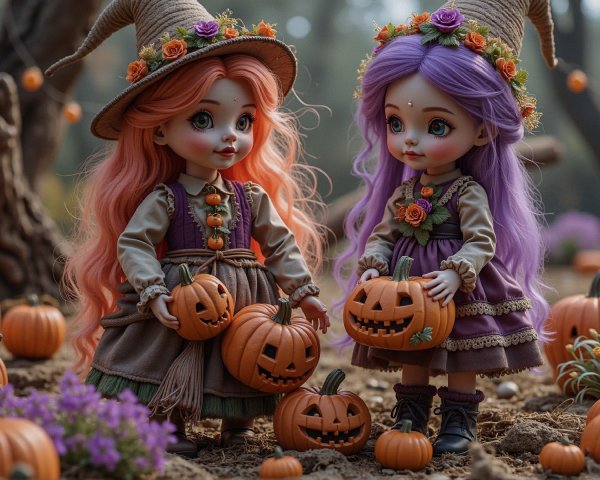 Charming Dolls in Autumn Setting with Pumpkins
