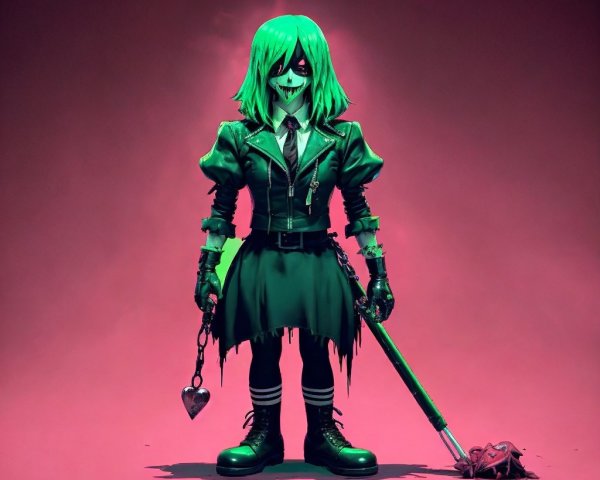 Eerie Character with Green Hair on Pink Background