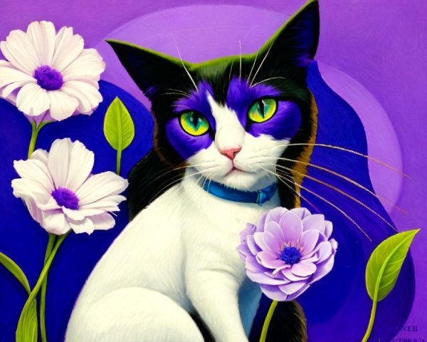 Portrait of a Cat with Black and White Coat and Purple Hues