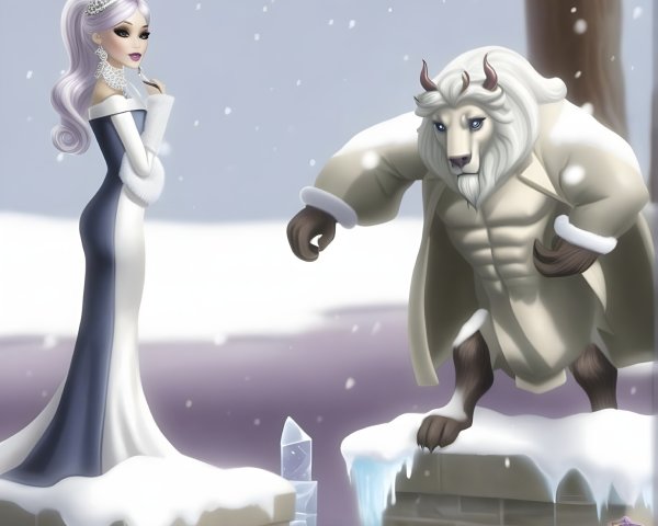 Regal Figure and Lion-like Beast in Frosty Landscape