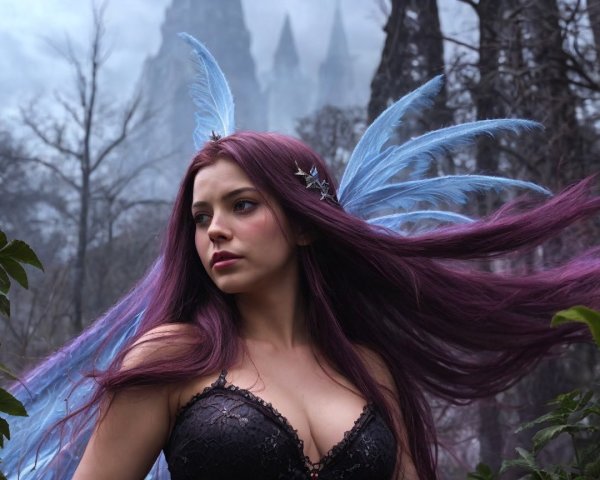 Mysterious Fairy in Dark Enchanted Forest Scene