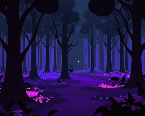 Mystical forest with purple hues and hidden figures