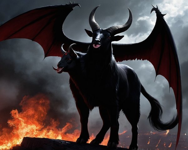 Dark Mythical Bull Creature with Wings and Flames