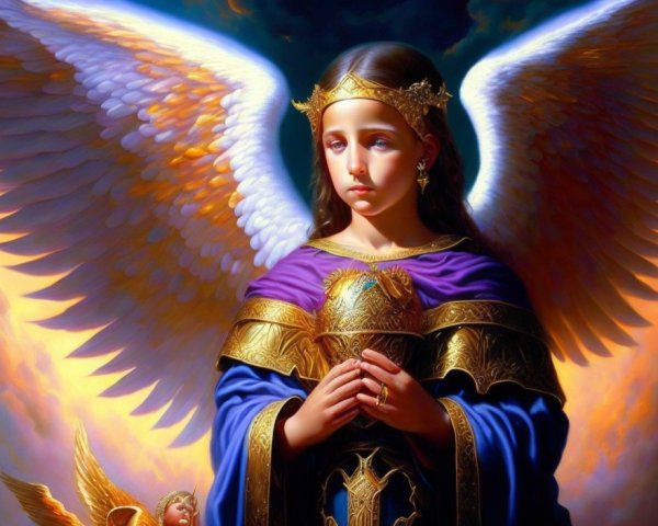 Serene Angelic Figure with Flowing Wings and Crown