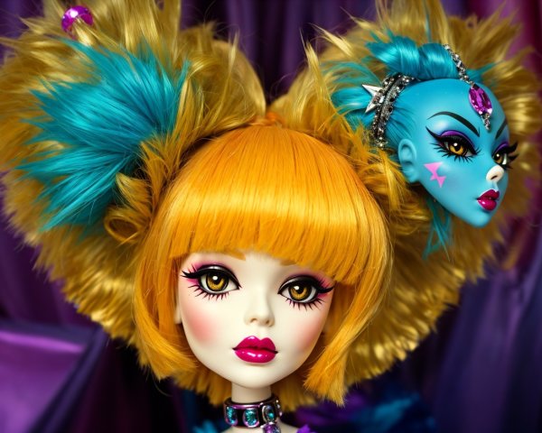 Doll Heads with Colorful Hair and Bold Makeup