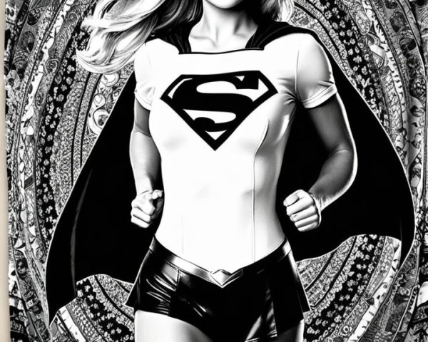 Black-and-white superheroine in dynamic pose with cape