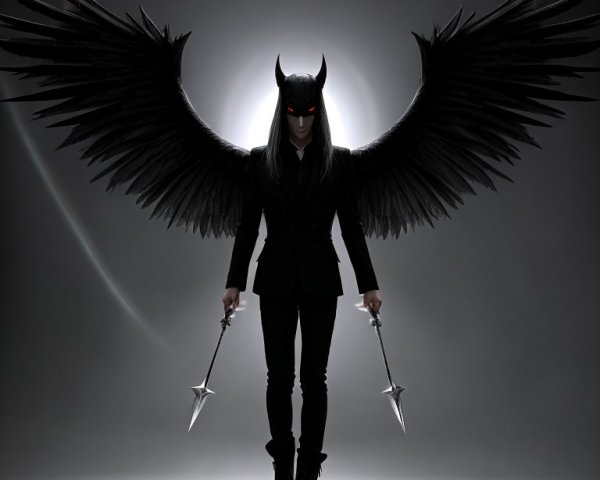 Mysterious Figure with Black Wings in Dramatic Light