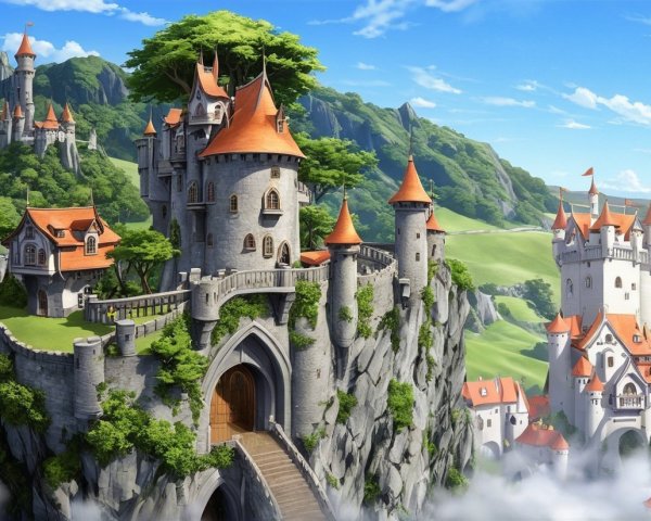 Majestic fantasy castle on a rocky cliff landscape