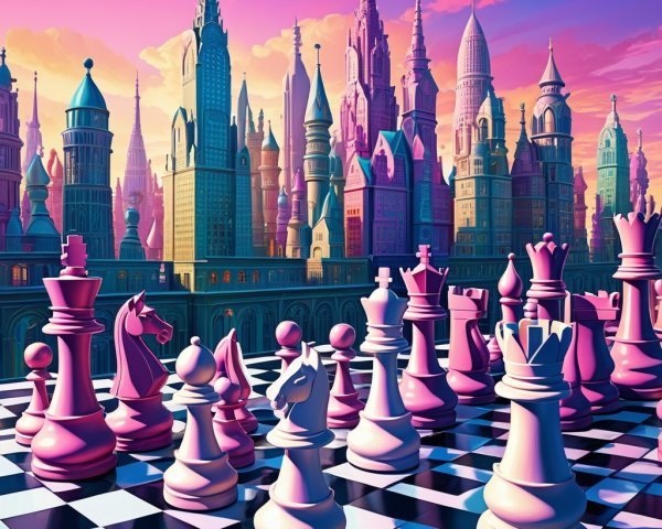 Surreal Chessboard with Fantasy Skyline at Sunset