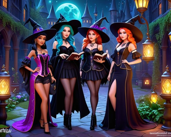 Stylish Witches in Enchanted Moonlit Setting