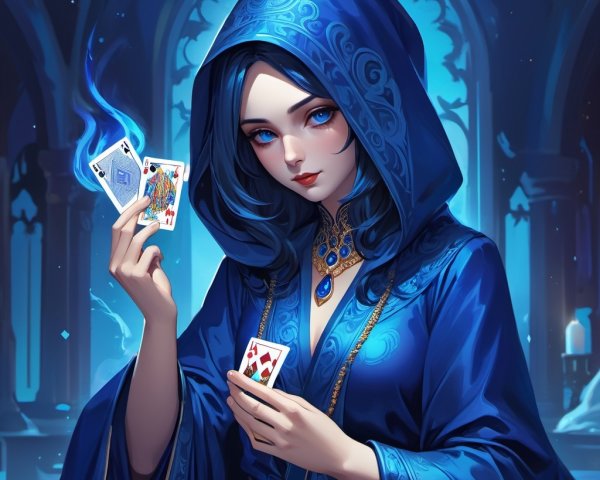 Woman in blue robe with playing cards in mystical setting