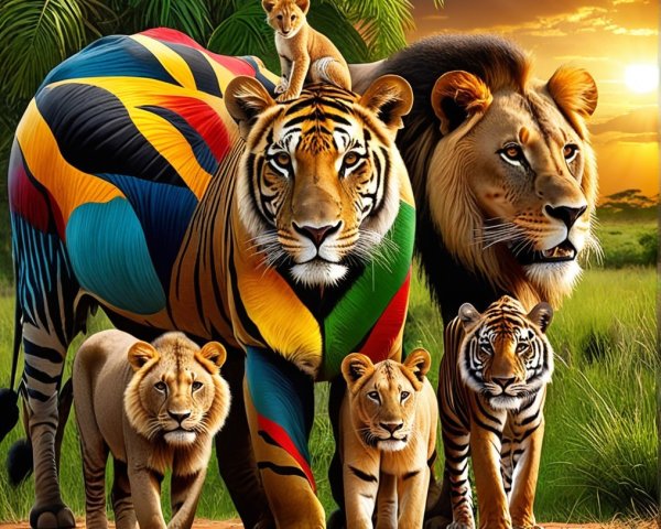 Majestic Lion and Tiger with Colorful Patterns in Savanna