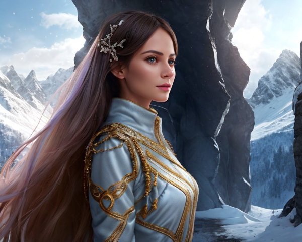 Young Woman in Snowy Landscape with Mountains