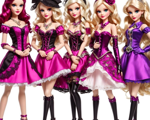 Five Fashion Dolls in Pink and Purple Styles