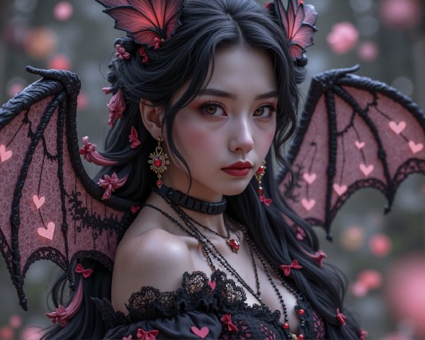 Gothic Figure with Bat Wings and Floral Background