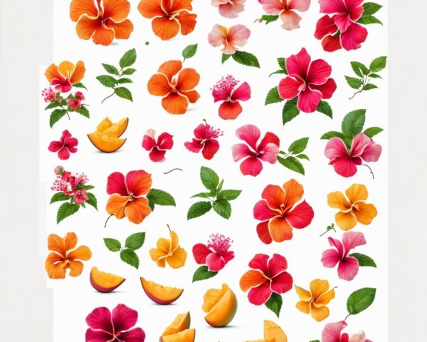 Vibrant Hibiscus Flowers with Sliced Peaches Arrangement