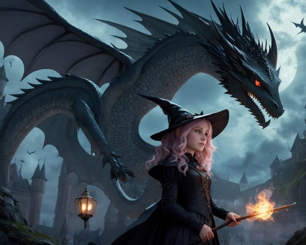 Young witch in dark landscape with dragon and castle