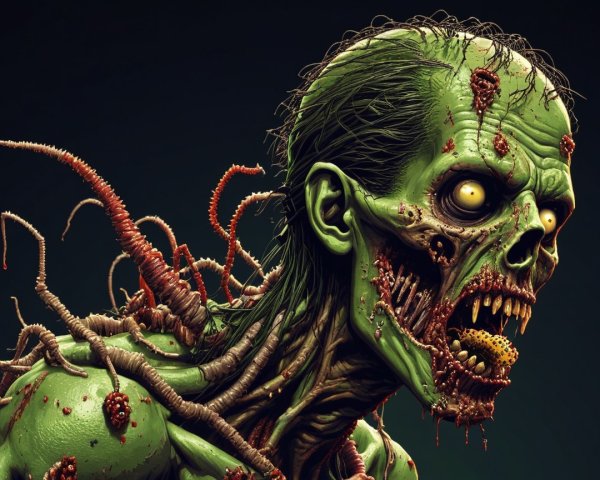 Grotesque Zombie with Green Skin and Eerie Features