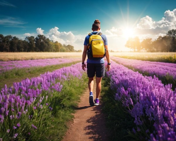 Lone Traveler on Lavender Path at Sunset