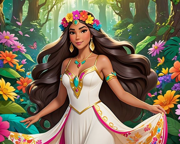 Young Woman in White Gown in Vibrant Forest Setting