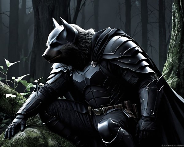 Mysterious Armored Figure in Dark Forest Setting