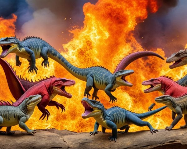 Prehistoric Reptiles in a Fiery Landscape