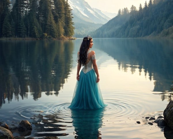 Young woman in blue gown by serene lake and mountains